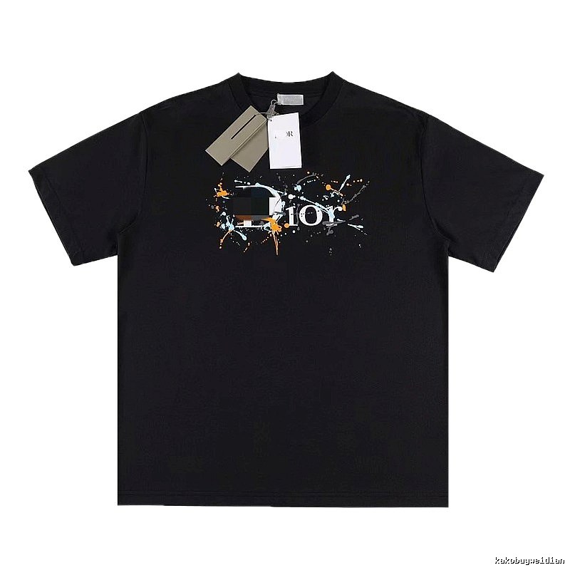 Dior Ink-Splashing Print Street Style Black T-Shirt