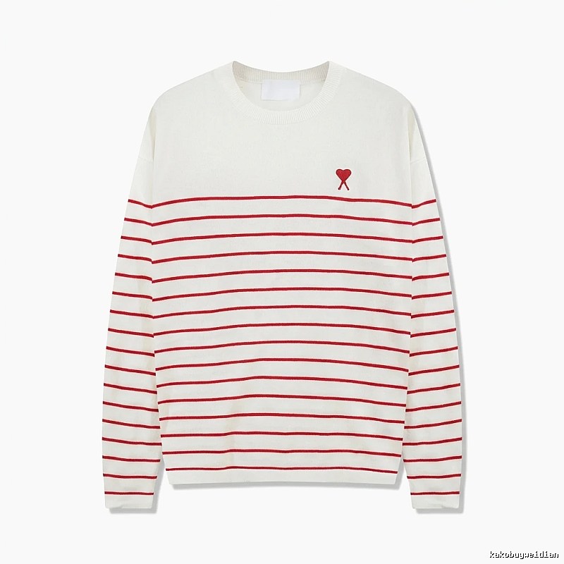AMI Stripe Heart White Sweater