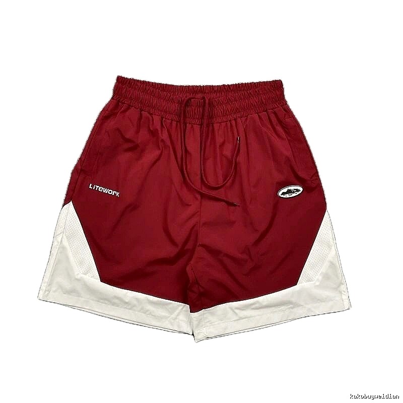 Corteiz Street Style Burgundy and White Colorblock Sports Shorts