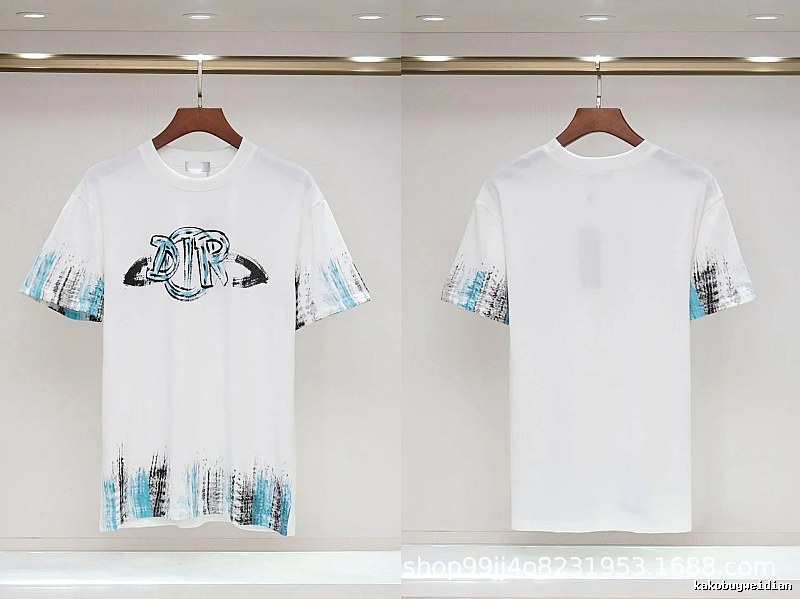 Dior Graffiti Collection Street Style White and Blue Short-sleeve T-shirt