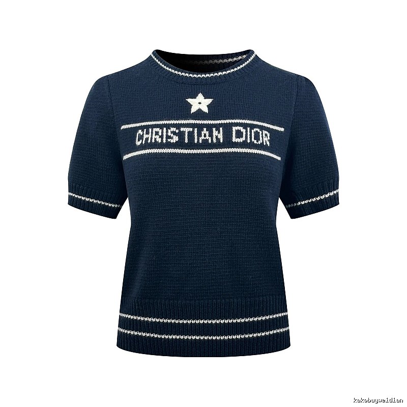 Dior Short Sleeve Knit Sweater with Cream Trim and Star Detail