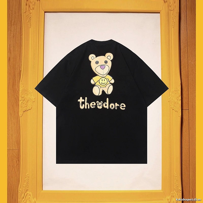 DREW Bear Print Streetwear Brand Black Short Sleeve T-shirt
