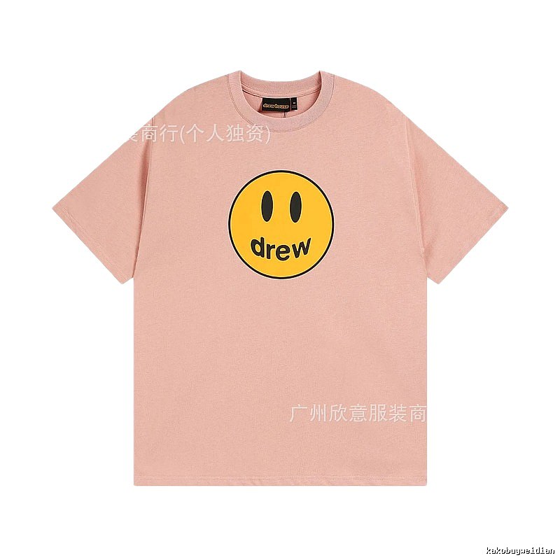 Drew Smiley Print Street Style Pink T-Shirt