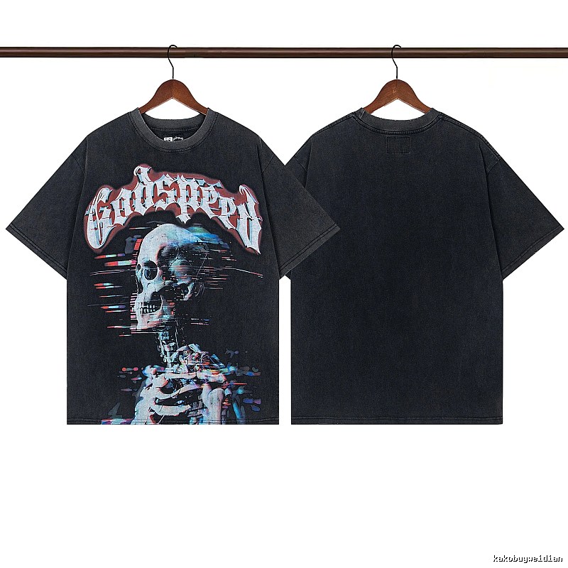 Godspeed Skull Print Street Style Distressed Black T-Shirt