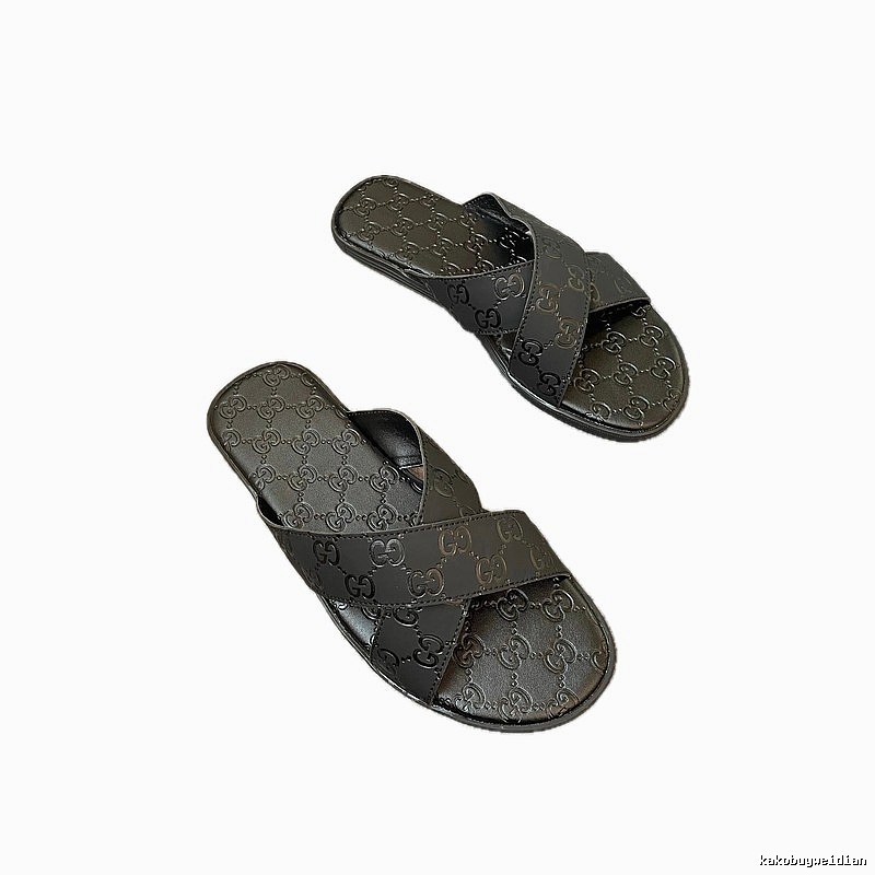 Gucci Double G Embossed Light Luxury Style Black Slide Sandals