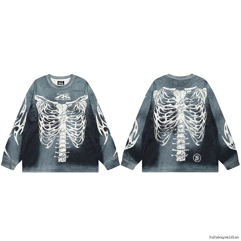 Hellstar Skull Print Street Style Vintage Grey Long Sleeve T-shirt