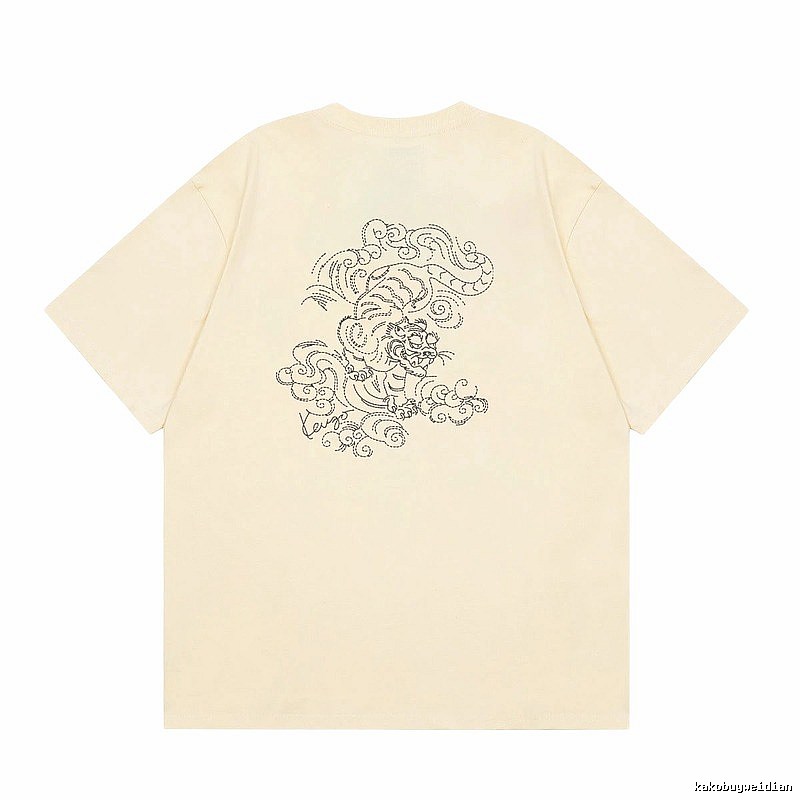 KENZO Auspicious Cloud Tiger Embroidery Chinese Style Beige Apricot Short Sleeve T-Shirt