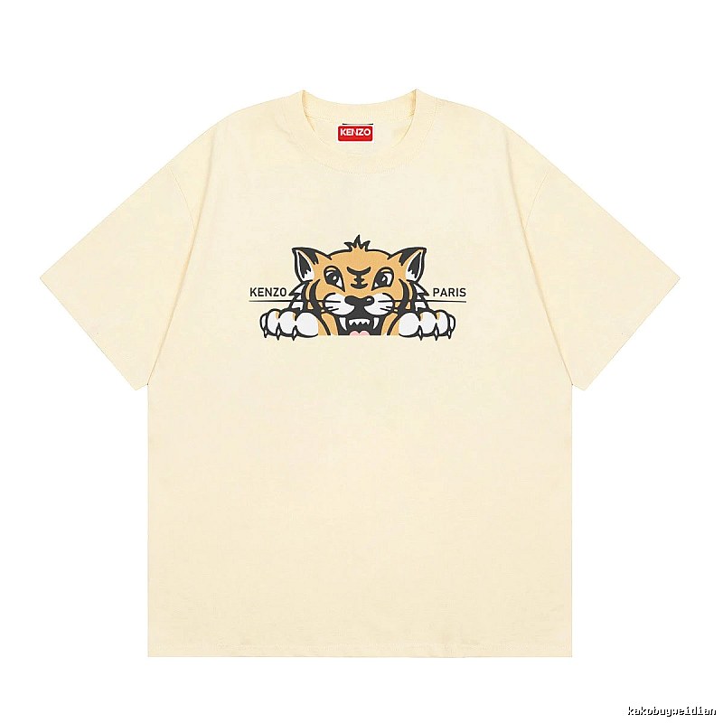 KENZO Tiger Head Print Streetwear Style Beige Short Sleeve T-Shirt