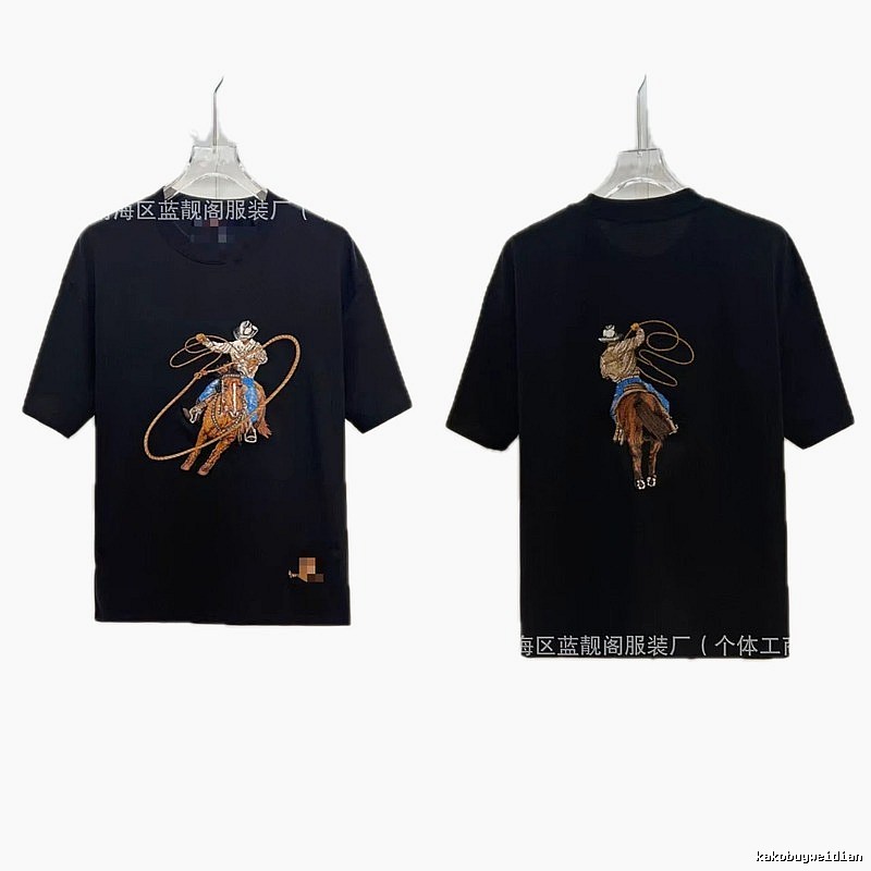 Louis Vuitton Vintage Style Black T-Shirt with Denim Embroidery