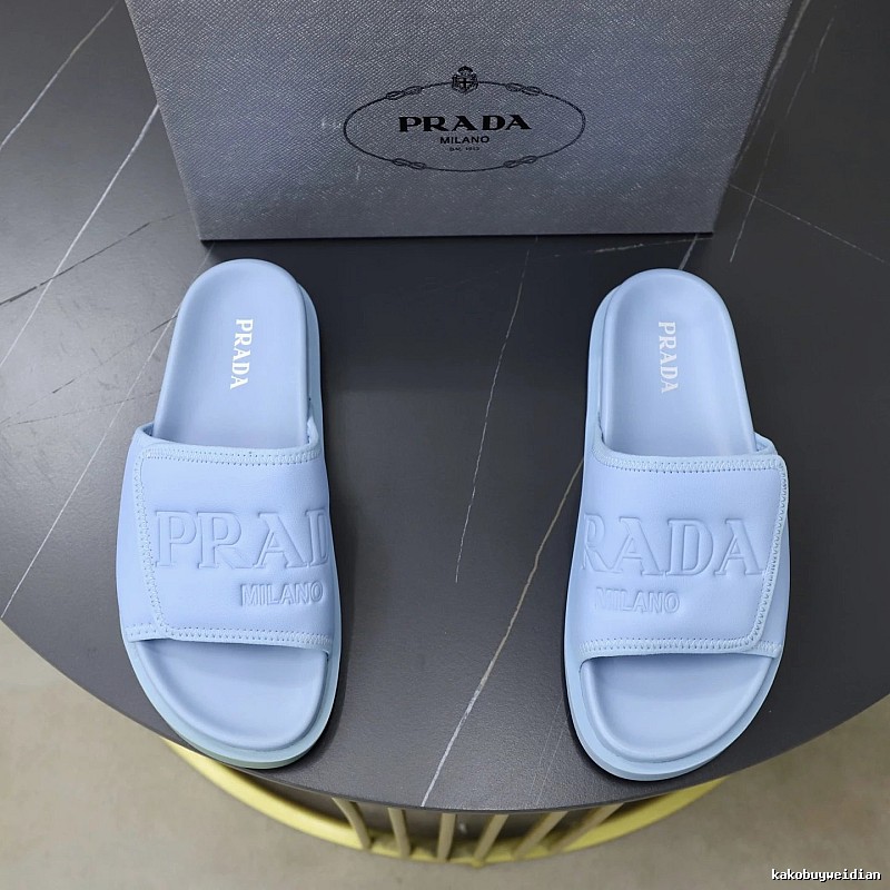 Prada Embossed Collection Minimalist Style Light Blue Slides