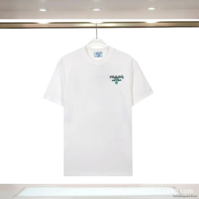 Prada Embroidered Minimalist Style White Short-sleeve T-shirt