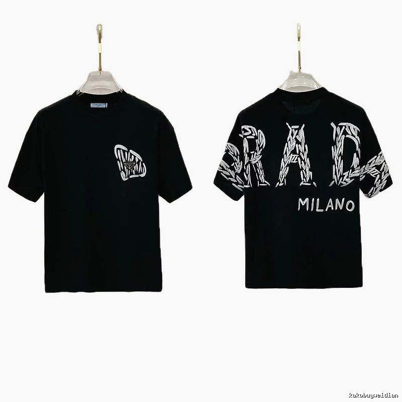 Prada Embroidered Streetwear Style Black Short-sleeve T-shirt