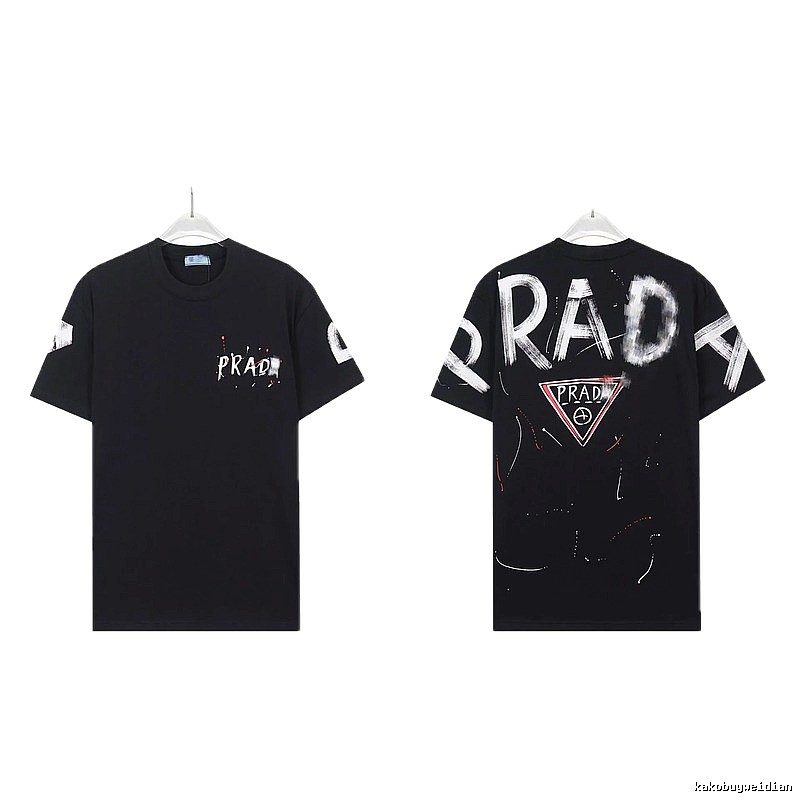 Prada Triangle Logo Graffiti Style Black Short-sleeve T-shirt