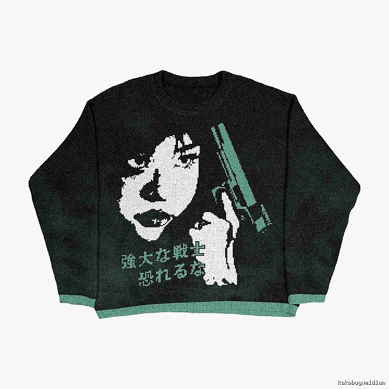 Resort Anime graphic sweater Black Knit Top for Travel Looks