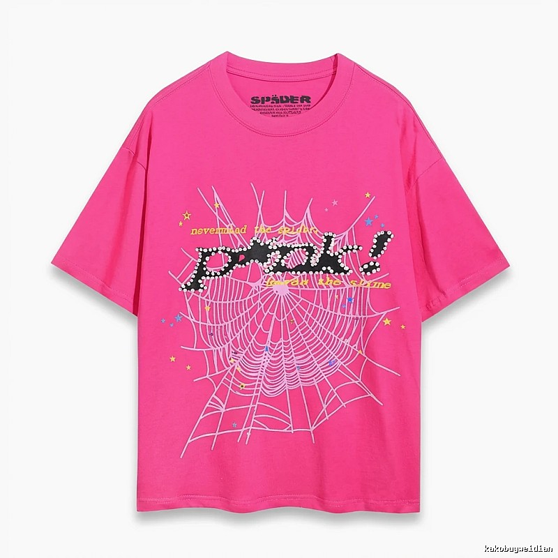Sp5der Spider Web Print Trendy and Cool Rose Red T-shirt