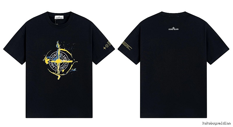 Stone Island Ink-splattered Street Style Black Short-sleeve T-shirt