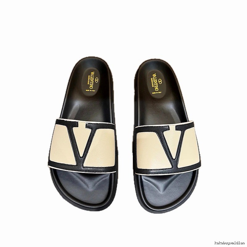 Valentino Big V Light Luxury Style Beige and Black Color-block Slide Sandals
