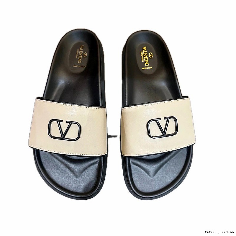 Valentino V-Logo Affordable Luxury Style Beige-Black Slide Sandals